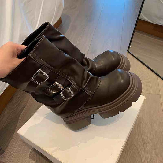 Women's Fashion Shoes Belt Buckle Platform Motorcycle Boots