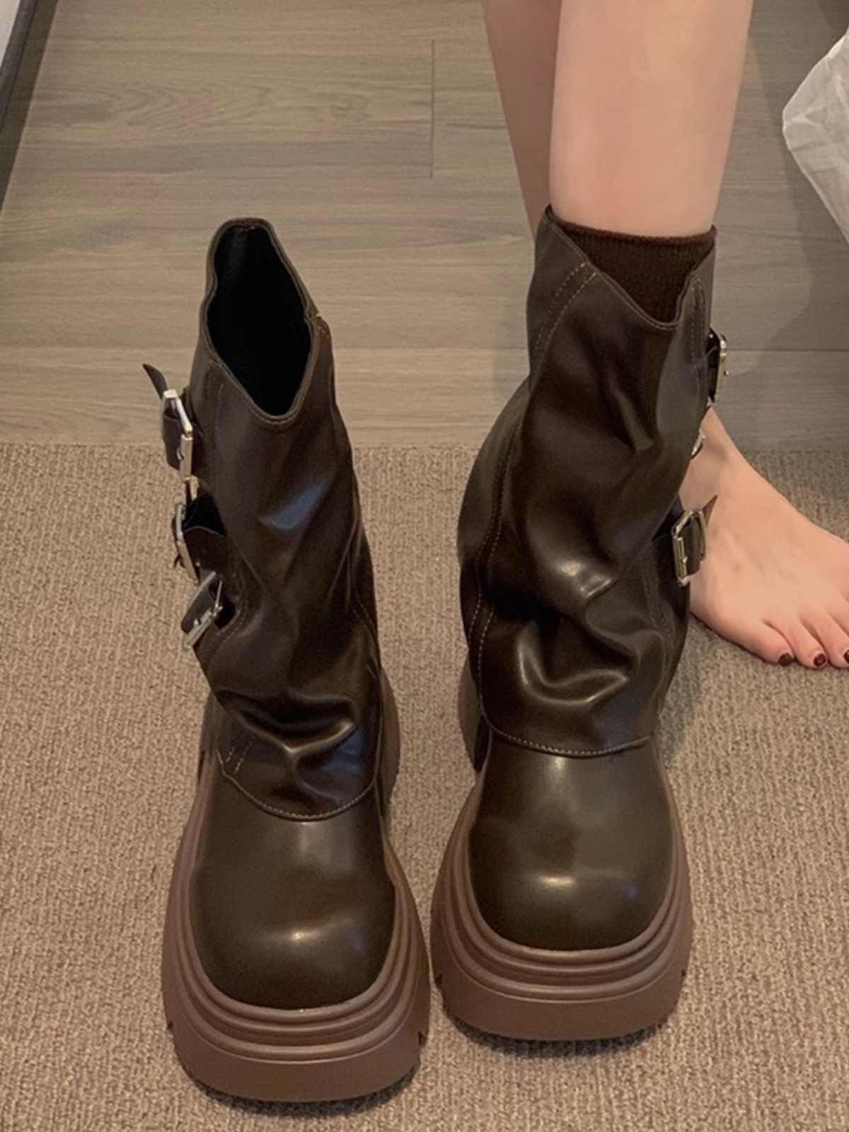 Women's Fashion Shoes Belt Buckle Platform Motorcycle Boots