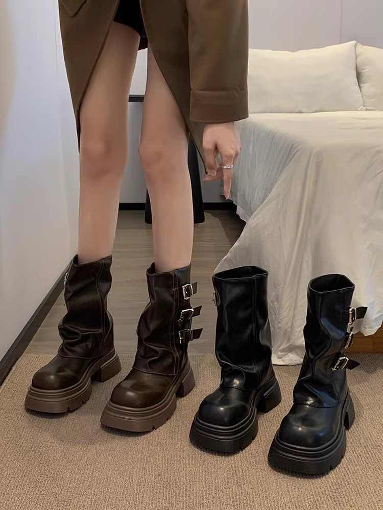 Women's Fashion Shoes Belt Buckle Platform Motorcycle Boots